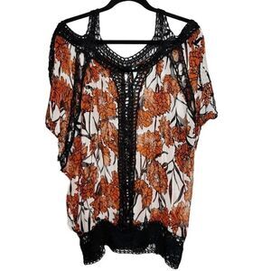 Jaloux SILK Cold Shoulder Floral Sheer Blouse Orange Black Size Medium